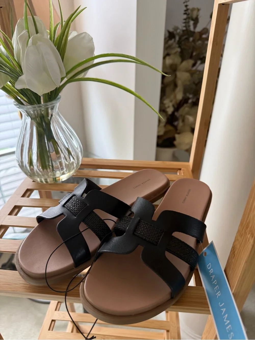 Draper James Black and Tan Leather Slide Sandals